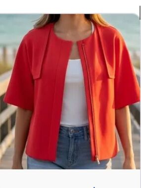 Chicos Bright Coral Short-Sleeve Open Front cropped Jacket 1